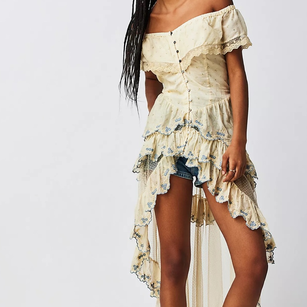 Free People Cream Blue Buttoned High Low Lace Top
